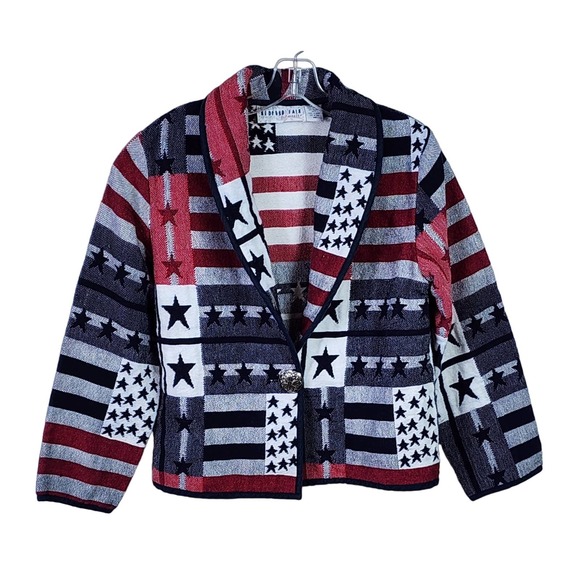 Vintage 90s Bedford Fair Americana Tapestry Jacket Concho Button USA Flag MP - Picture 2 of 9